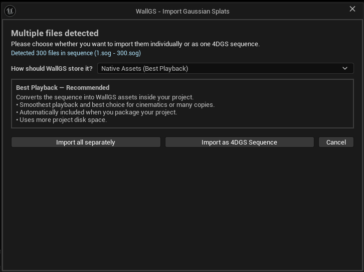 Multiple-file import dialog with 300 frames and Import as 4DGS Sequence