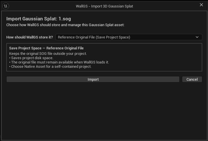 3DGS import dialog with Reference Original File selected