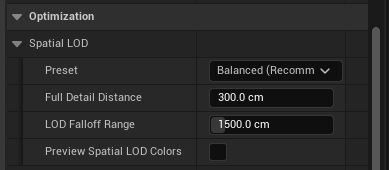 Spatial LOD preset, full detail distance, falloff range and color preview