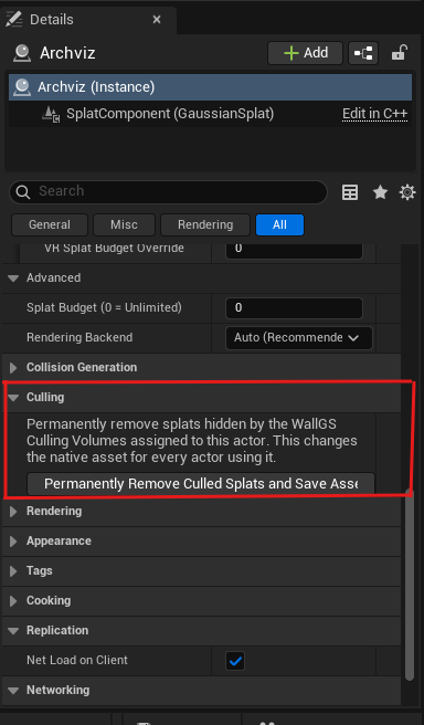 Details panel showing the permanent native culling action